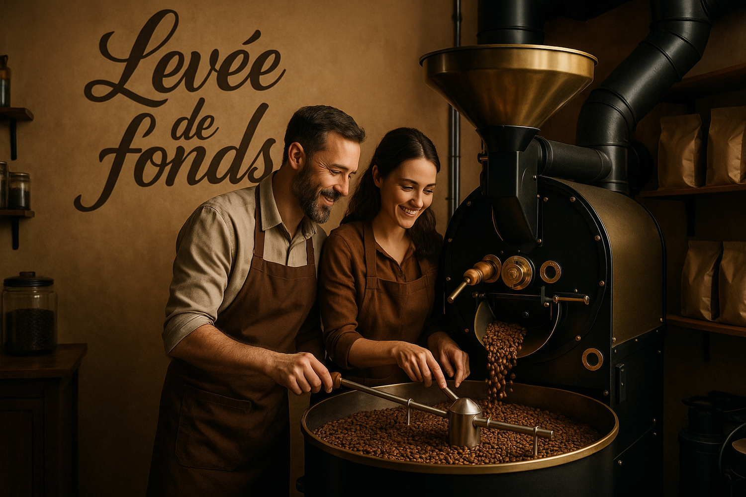 artisanal coffee roasters, man and wife, roast coffee Levée de fonds is written elegantly on the wall