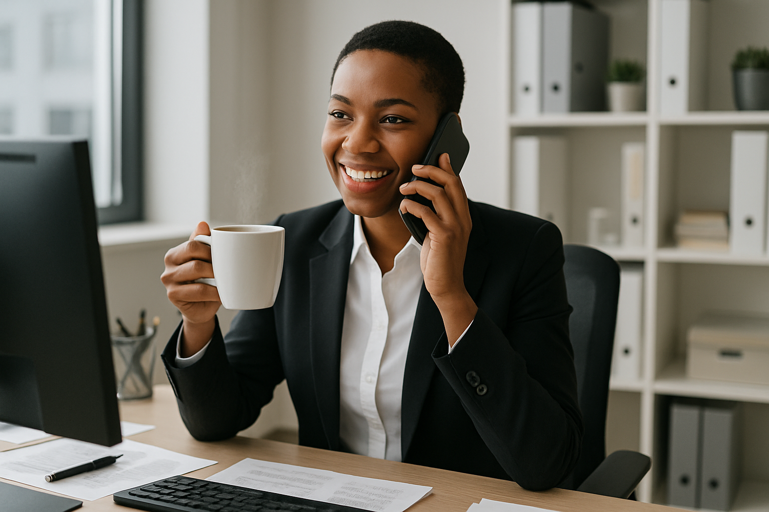 someone talking on the phone drinking a cup of coffee in an office
